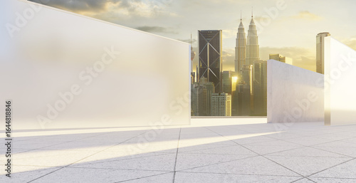 Photography 3d rendering frosted glass and concrete walls overlooking kuala lumpur skyline a