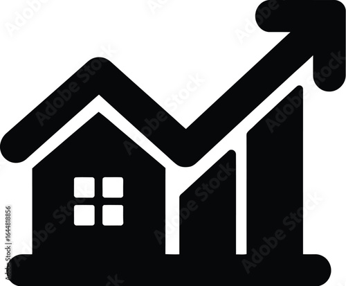 Black silhouette of a house with an upward trending graph and arrow
