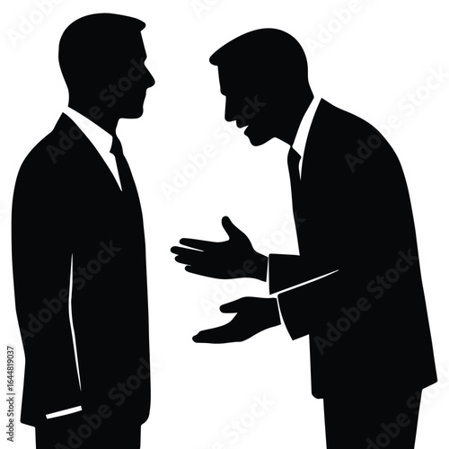 Two businessmen in silhouette arguing and gesturing intensely isolated on white background