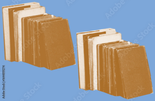 close up stack of old books color halftone dotted line texture style collage element isolated on blue background