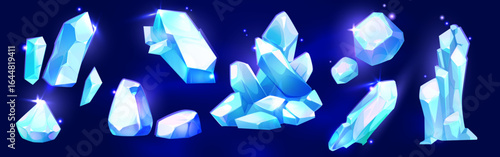 Crystal stone set for game design - glowing gemstone clusters with blue facets, diamonds. Magical mineral formations and fantasy shiny rock shards for treasure loot or cave environment assets.
