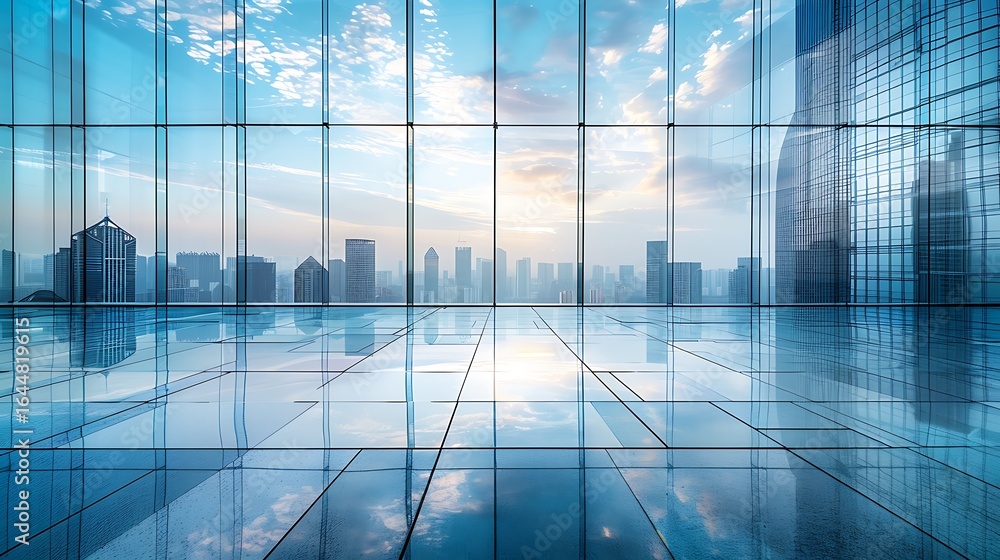 Naklejka premium View of city skyline through large glass windows with reflections on the floor tiles below