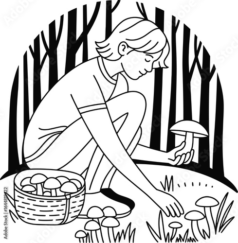 Person foraging for mushrooms in a forest gathering