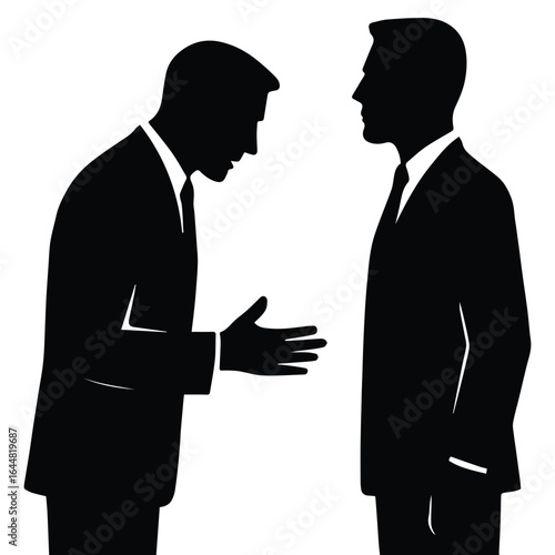 Two businessmen in silhouette arguing and gesturing intensely isolated on white background