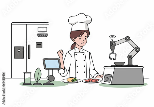 A female chef utilizes robotic assistance in a modern kitchen. She oversees operations via tablet, showcasing a blend of traditional and technological cooking. Clean, bright, and professional.
