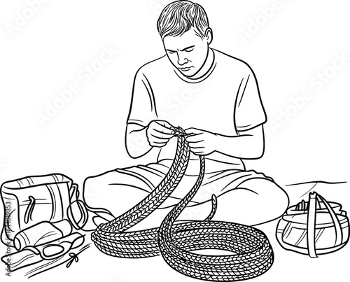 Person weaving a thick rope with hands crafting making