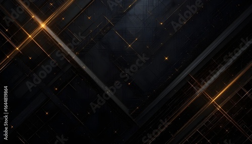 Luxury Black Metal Background with Golden Light Lines and Geometric Texture