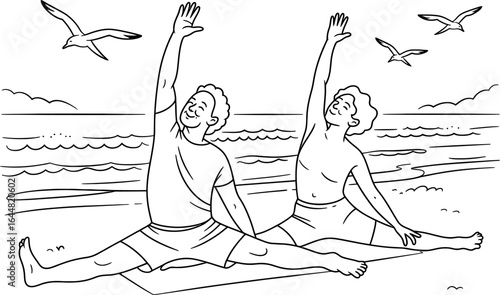 Couple doing yoga on the beach with seagulls fitness