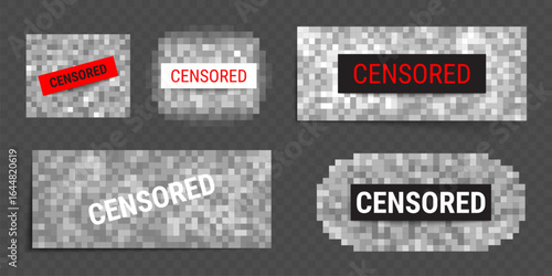 Censored blur bars with pixelated backgrounds and censor text labels in black, white or red for content restriction. Privacy protection stamps with mosaic patterns for blocking confidential media data