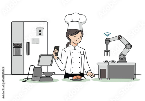A female chef utilizes robotic assistance in a modern kitchen. She oversees operations via tablet, showcasing a blend of traditional and technological cooking. Clean, bright, and professional.
