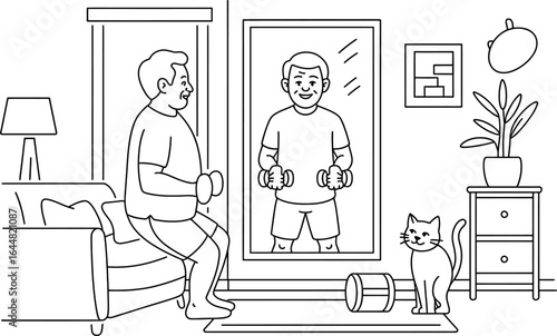 Man lifting dumbbells at home with cat home workout