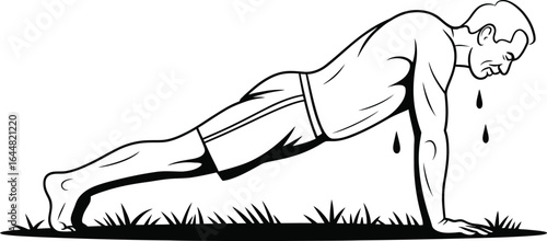 Man doing a push-up on grass sweating push up exercise