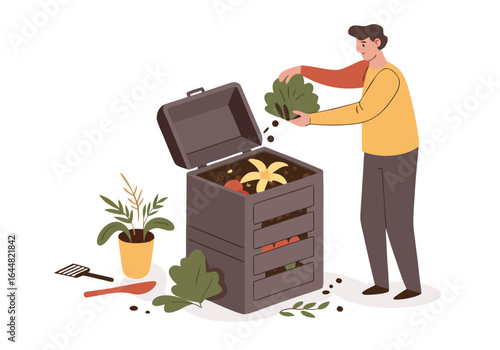 Man composting food scraps into a bin. Sustainable living concept. Flat vector illustration, clean design, green background. Perfect for eco-friendly themes.
