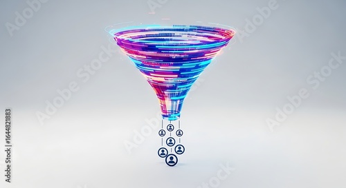 Abstract digital funnel, data visualization, marketing concept. Ideal for websites, presentations, and reports on business strategy and lead generation.