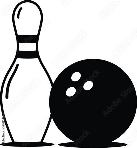 Simple line art icon of a bowling ball and pin on white background