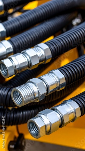 Close-up of black hydraulic hoses