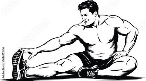 Muscular man stretching legs in seated position fitness