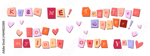 Romantic clipping messages with y2k style alphabet letters and valentine hearts for holiday designs. Paper cutout words spell love phrases with playful tilted arrangements for greeting cards.
