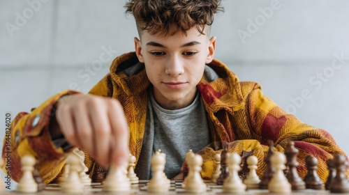 Engaged Teen Boy Playing Chess in Cozy Autumn Jacket Modern Youth Strategy and Focus for Educational and Lifestyle Marketing Content