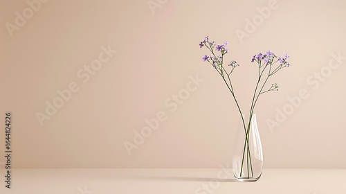 Minimalist still life of purple statice flowers in a clear glass vase against a neutral background.