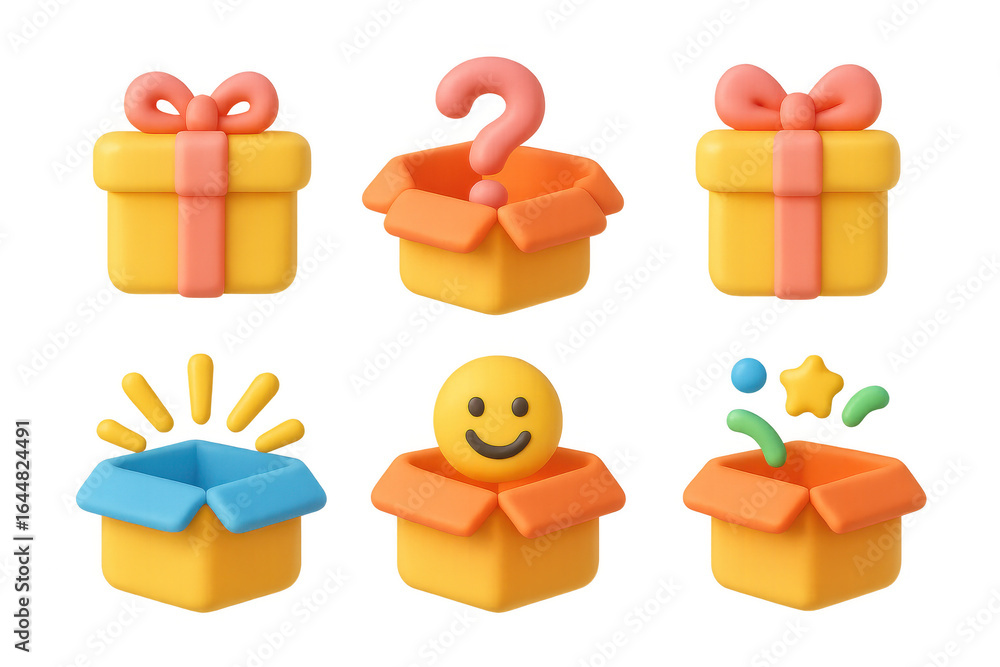 Naklejka premium Colorful 3d gift boxes with surprises and emoticons in fun cartoon style