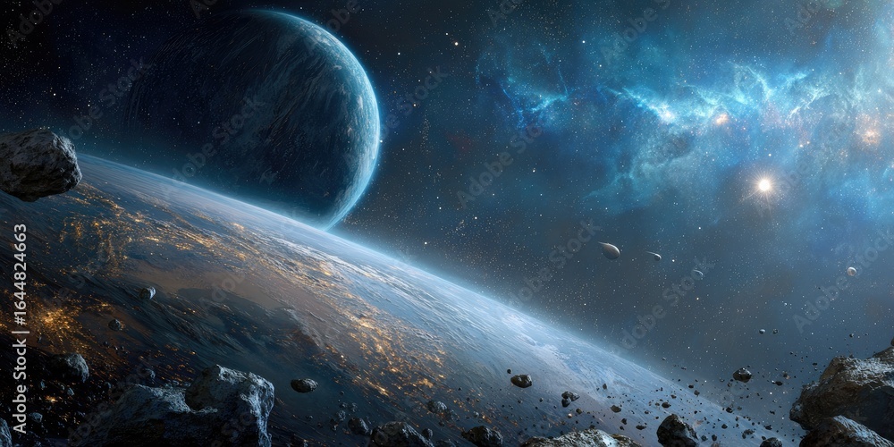 Fototapeta premium Alien planet with asteroids in a nebula