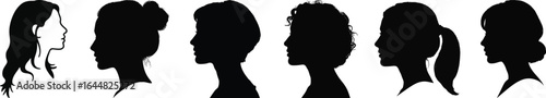 Silhouette vector set of woman head profile and hairstyle collection, black isolated female face icon graphic