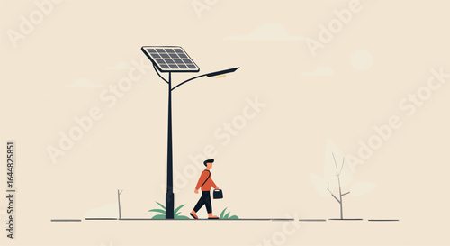 A lone figure in a red shirt walks under a solar-powered streetlight on a minimalist landscape illustrating sustainability.