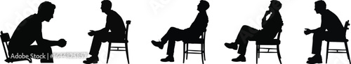 Silhouette vector set of man on chair in waiting, thinking and slouch pose, black isolated office concept