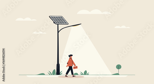 A lone figure in a red shirt walks under a solar-powered streetlight on a minimalist landscape illustrating sustainability.