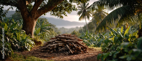 Tranquil rainforest clearing with stacked firewood