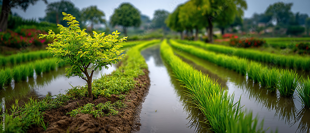 Obraz premium Tranquil rice paddies vibrant green rows