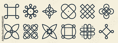 Celtic irish knot symbols set with interwoven patterns and geometric designs for traditional decoration. Endless loops, crosses and floral shapes with interlacing lines for ornamental art or tattoo.