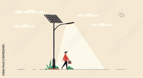 A lone figure in a red shirt walks under a solar-powered streetlight on a minimalist landscape illustrating sustainability.
