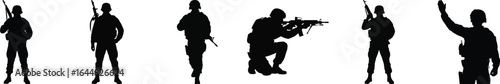 Silhouette vector set of soldier with rifle in patrol, run, aim and signal pose, black isolated military graphic