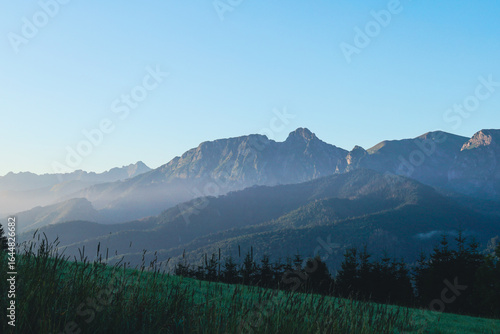 Fototapeta Naklejka Na Ścianę i Meble -  Widok na tatry z Kościeliska o wschodzie słońca