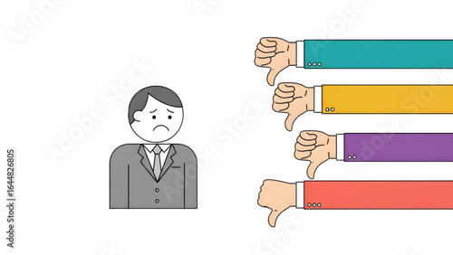 disciplinary action erp system button concept  Negative Review  Employee Feedback Negative Ratings Worried man With Multiple Thumbs Down