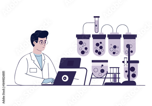 A scientist monitors cells in a lab, observing data on a computer screen. Modern, clean laboratory setting. Focus on scientific research and technology.
