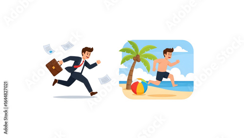 leave button icon for erp systems  Leave Request Illustration — Employee Rush to Holiday  Vacation Approval Concept Request Leave Vector — Payroll and Scheduling Metaphor