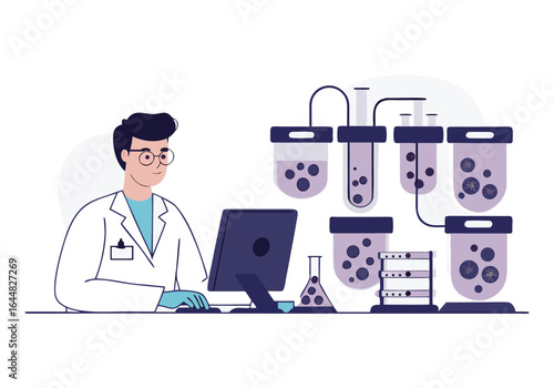 A scientist monitors cells in a lab, observing data on a computer screen. Modern, clean laboratory setting. Focus on scientific research and technology.
