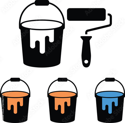 Paint bucket and roller with colorful paint cans for home renovation