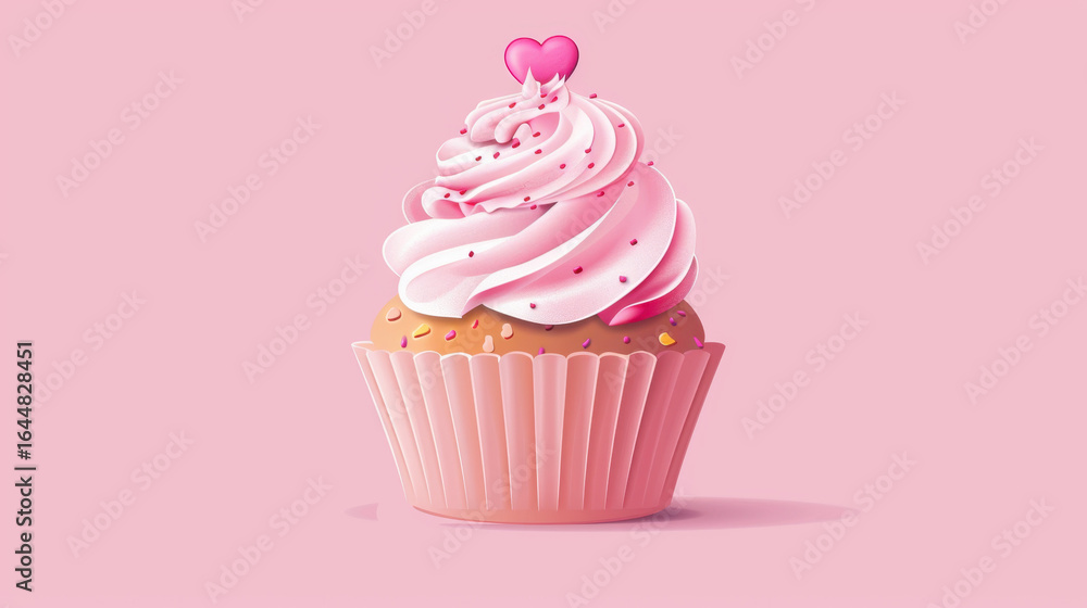 Delicious pink frosted cupcake with sprinkles and heart topping against a soft pink background Delicious pink frosted cupcake with sprinkles and heart topping against a soft pink background