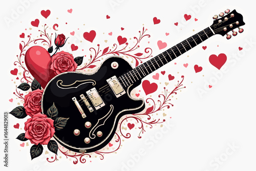 Melodies in Bloom guitar, flowers, butterflies, hearts, black guitar, floral design,