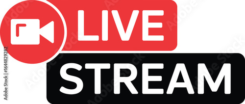 Red and black live stream icon with camera symbol on gray background