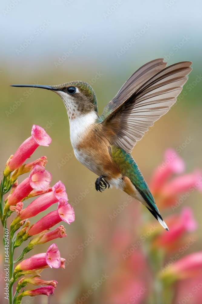 Fototapeta premium National Hummingbird Day Ruby-Throated Hummingbird Hovering Over Trumpet Vine Flowers Summer Pride Month Nature Awareness Campaigns for Millennials