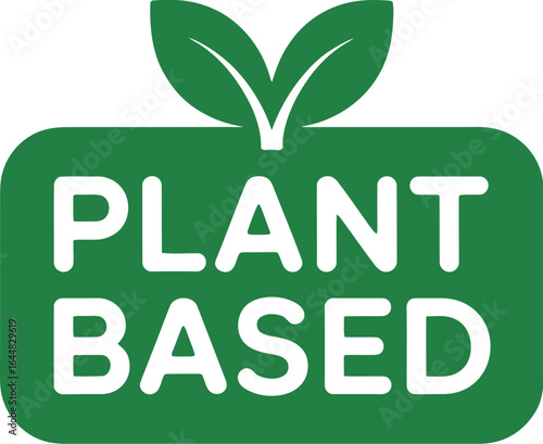 Green plant based food label with leaves on a light gray background