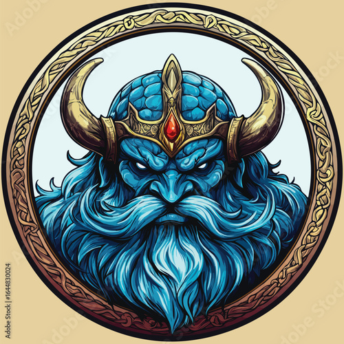 Furious Blue Horned Demon Head Illustration with Ornate Armor. Mythical Monster Portrait in Cold Tones.	