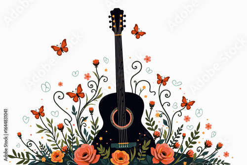 Melodies in Bloom guitar, flowers, butterflies, hearts, black guitar, floral design, music art vector graphics colorfull