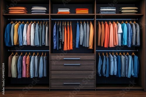 Modern dark wooden walk-in wardrobe with clothes hanging on rods, shelves, and drawers, offering ample space for storing and organizing. Luxury interior design for a walk-in closet, Generative AI