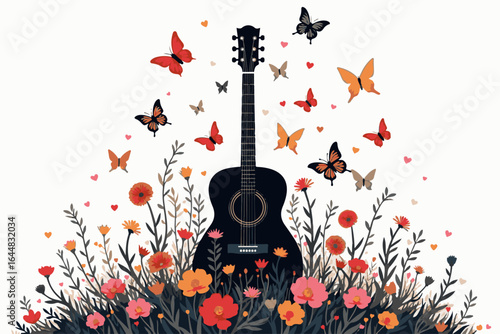 Acoustic Guitar in Bloom – Floral and Butterfly Music Illustration
